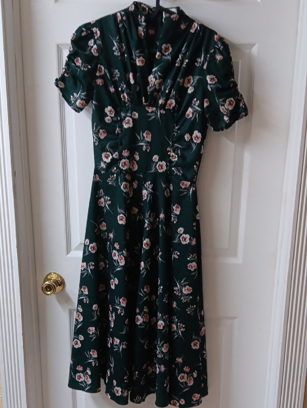 Unique Vintage Dark Green Floral Midi Dress with Pink Blooms